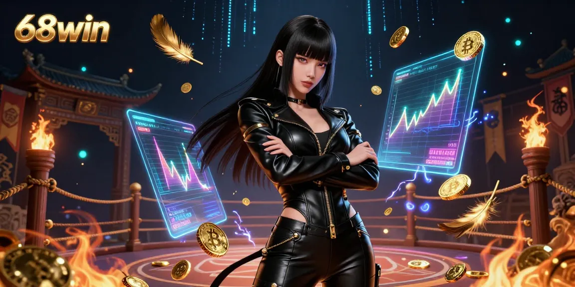 Engage with 68win in an exciting 3D gambling scene featuring crypto elements and an Asian female character.
