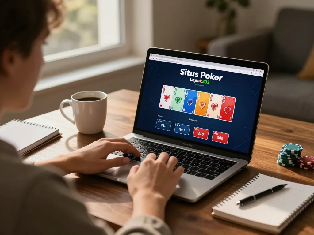 Situs Poker Lapak303 online poker gaming on a laptop with vibrant gameplay in a cozy setting.