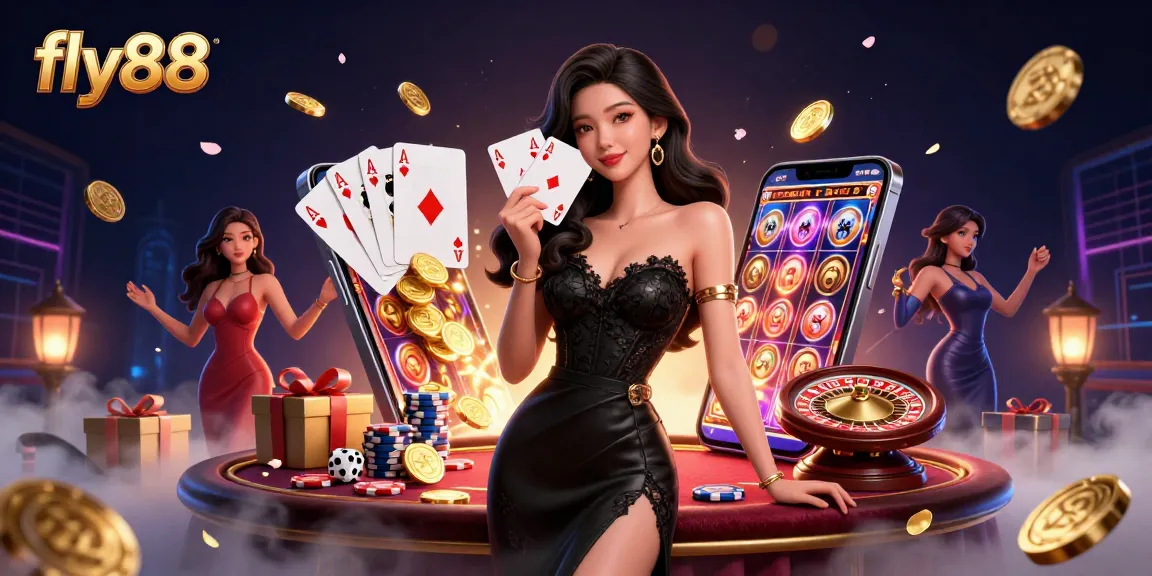 Experience the excitement of fly88 with a glamorous Asian woman holding ace cards in a vibrant casino scene.