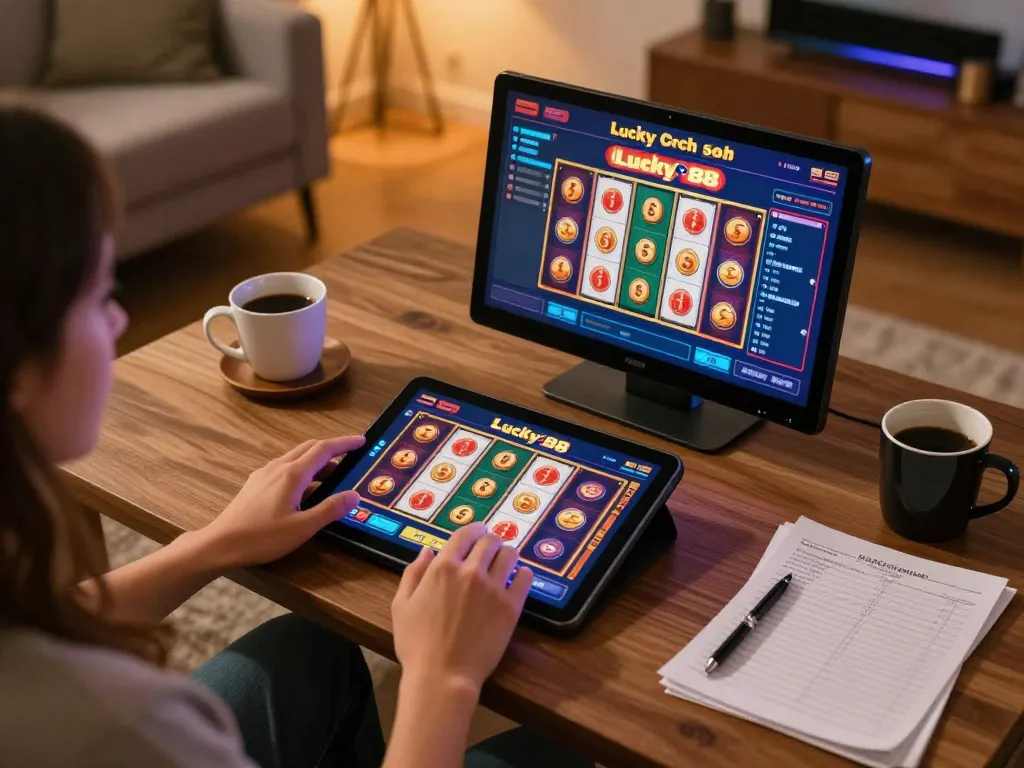 Player engaging with Lucky 88 slot game on tablet in a cozy home setting.