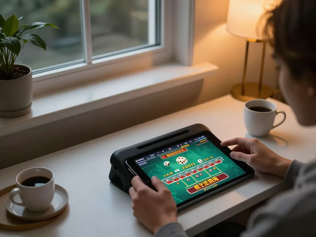 Engaging in online gaming action at home with 88VIN on tablet, dice rolling on screen