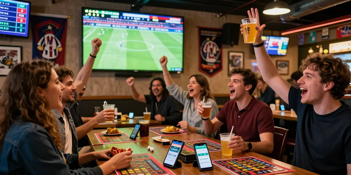 Friends enjoying SBOBET live betting experience in vibrant sports bar.