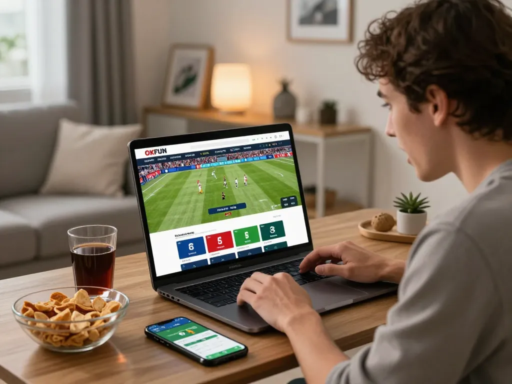 Active user engaging with OKFUN platform for live sports betting experience at home.