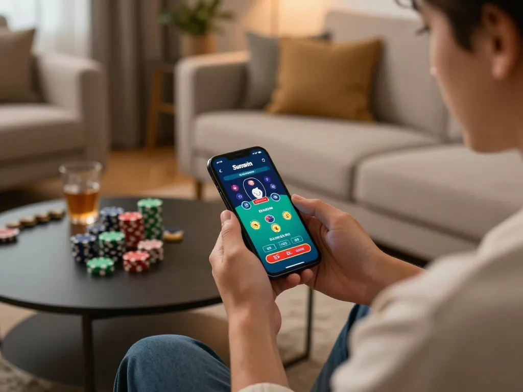 Engaging in online gambling with the Sunwin app, showcasing smartphone gameplay in a cozy home.