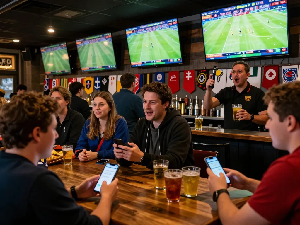 Xem bóng đá trực tiếp at a sports bar with live betting excitement on multiple screens.
