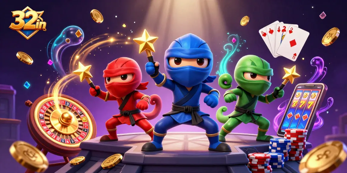 32win ninja chameleons perform epic moves in a vibrant casino scene with gold coins and cards.
