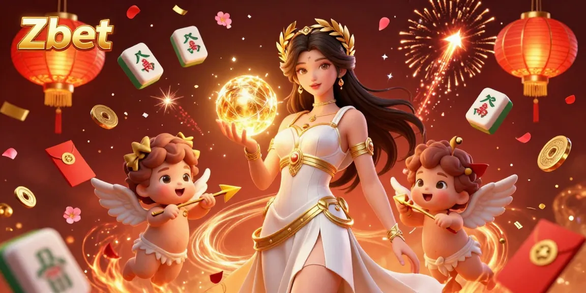 Zbet launches winning opportunities with a joyful goddess and cherubs amidst colorful casino celebrations.