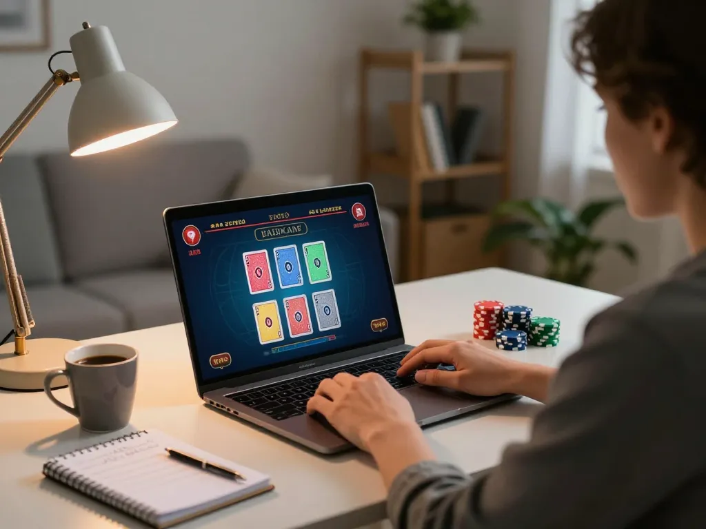 Playing lc88 casino live dealer games from home with a laptop, cozy and responsible gaming setup.
