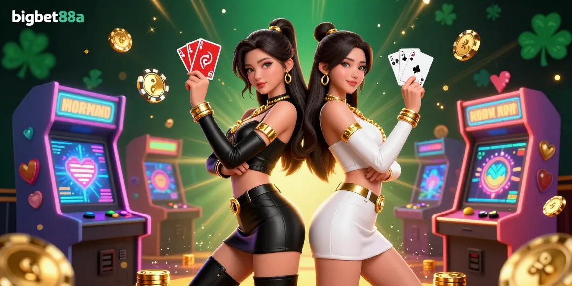 Engage with bigbet88a's dynamic 3D illustration showcasing twin Asian women in casino settings, featuring casino elements.