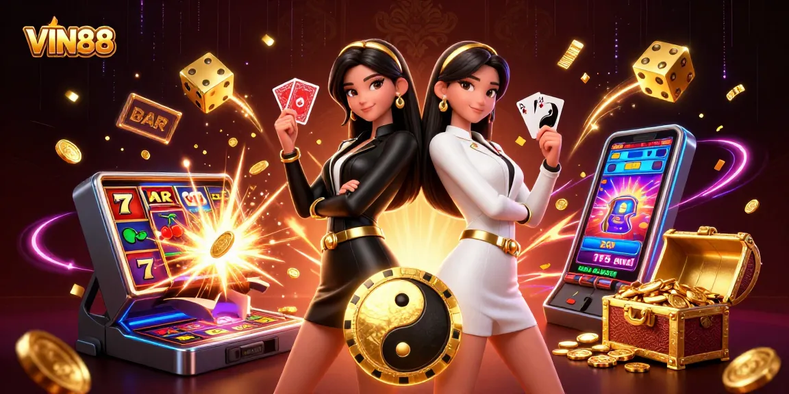 Experience VIN88's electrifying atmosphere with twin Asian women playing cards surrounded by vibrant casino elements.