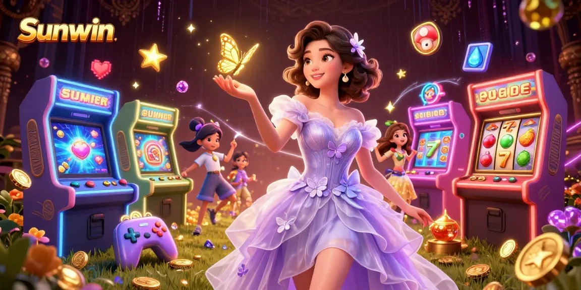 Experience thrilling gaming action with Sunwin's vibrant casino illustration featuring golden butterflies and slot machines.