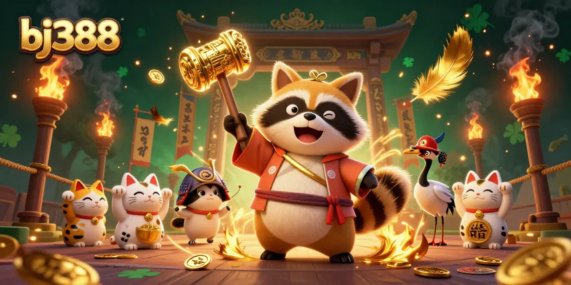 Engage in thrilling casino action with bj388, featuring a cheerful tanuki and luck-bringing elements.