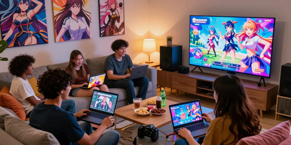 Group playing popular hentaigames together in a cozy living room.