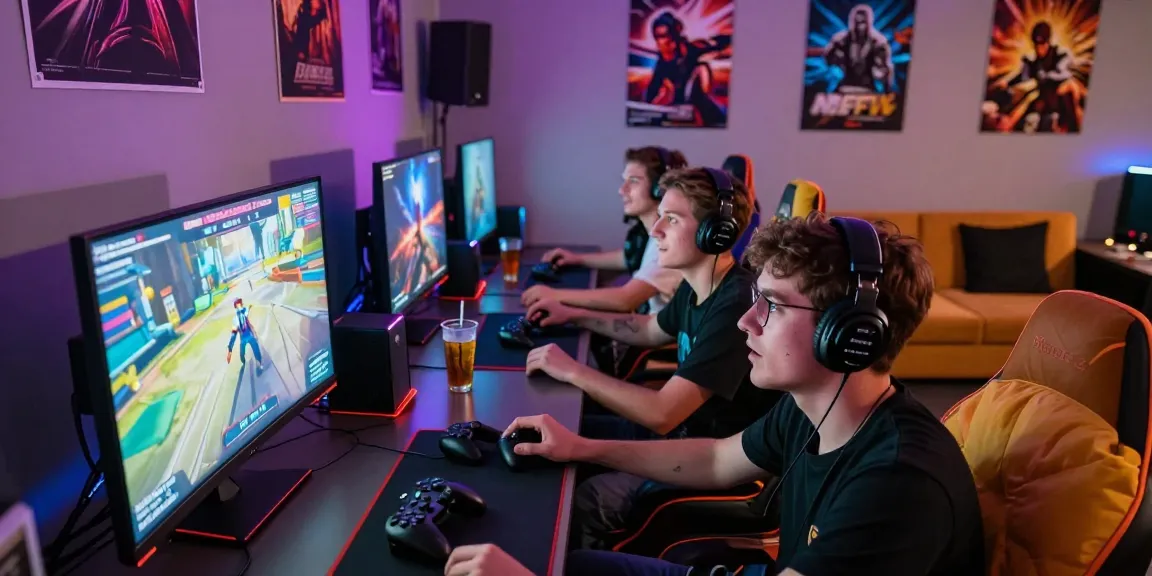 Friends enjoying multiplayer nsfw games in a vibrant gaming lounge.