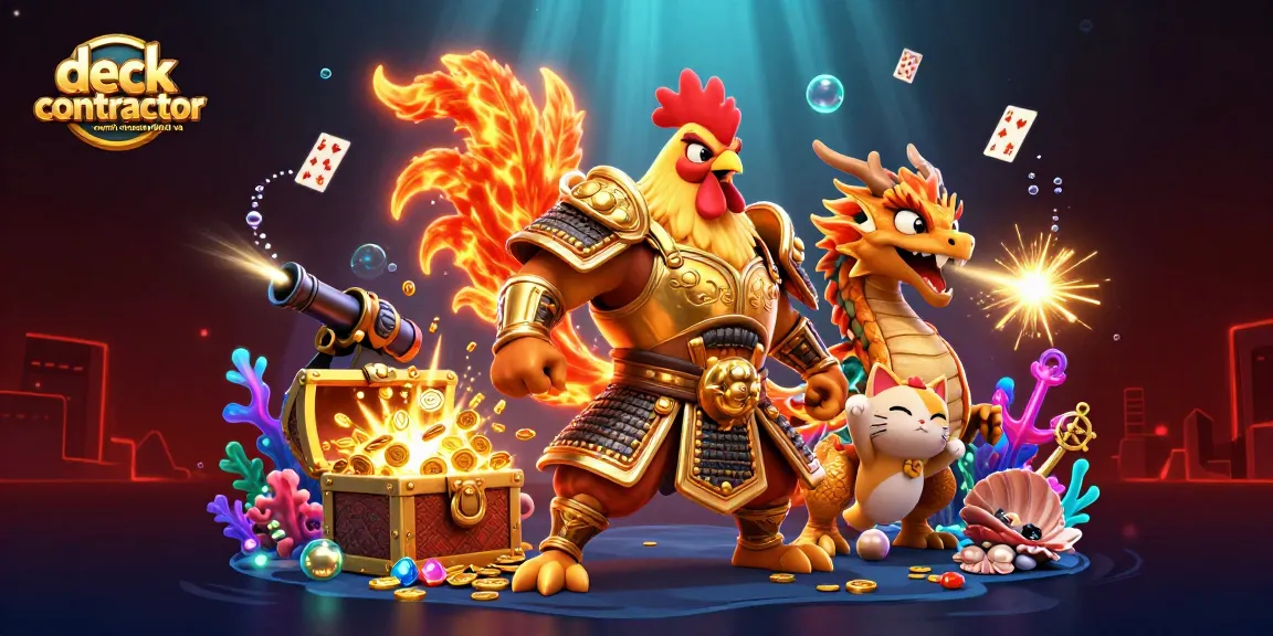 Engage as a deck contractor north chesterfield va with a dynamic 3D cartoon scene featuring an armored rooster warrior.