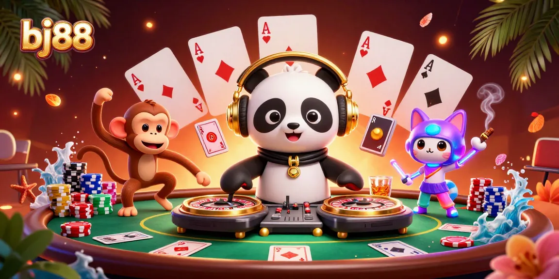 Experience bj88's vibrant casino scene with a DJ panda and dynamic characters in action.