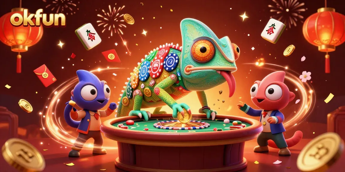 Join the fun at okfun's vibrant casino scene, where a chameleon casino owner snaps up golden coins!