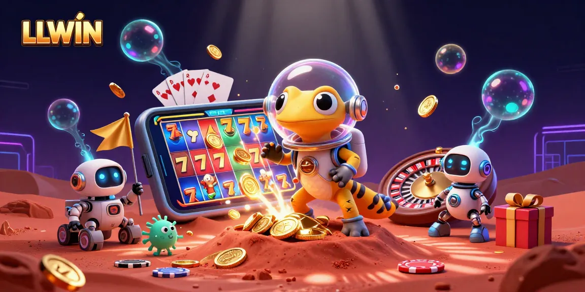 LLWIN: A Martian gecko and robot rover unveil a golden casino in an adventurous 3D alien setting.