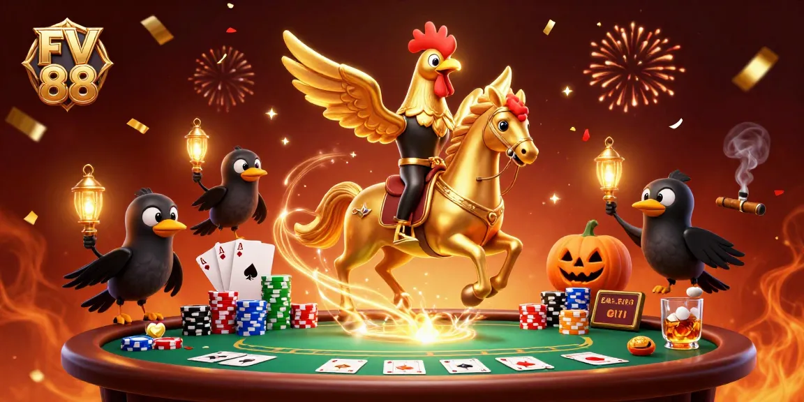 Engage with FV 88's golden rooster in a vibrant casino-themed scene, showcasing poker and festive elements.