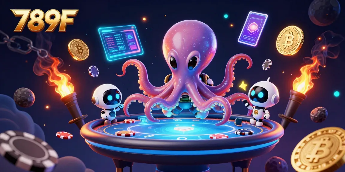 Win big with 789F at a holographic poker table in a vibrant cosmic casino.