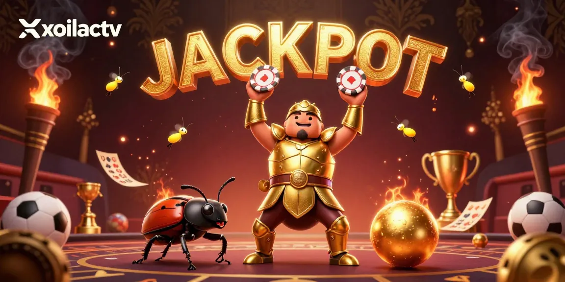 Experience the excitement of sports betting with xoilactv as cartoon beetles celebrate a jackpot.