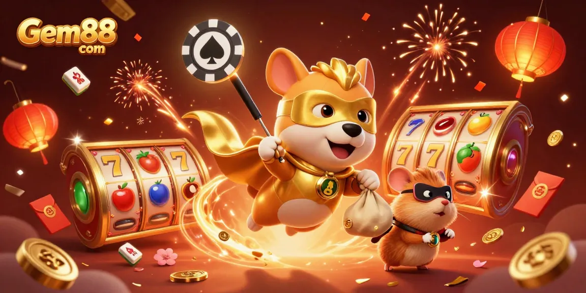 Engage with Gem88 com in a vibrant 3D casino scene showcasing superhero characters and dynamic gaming elements.