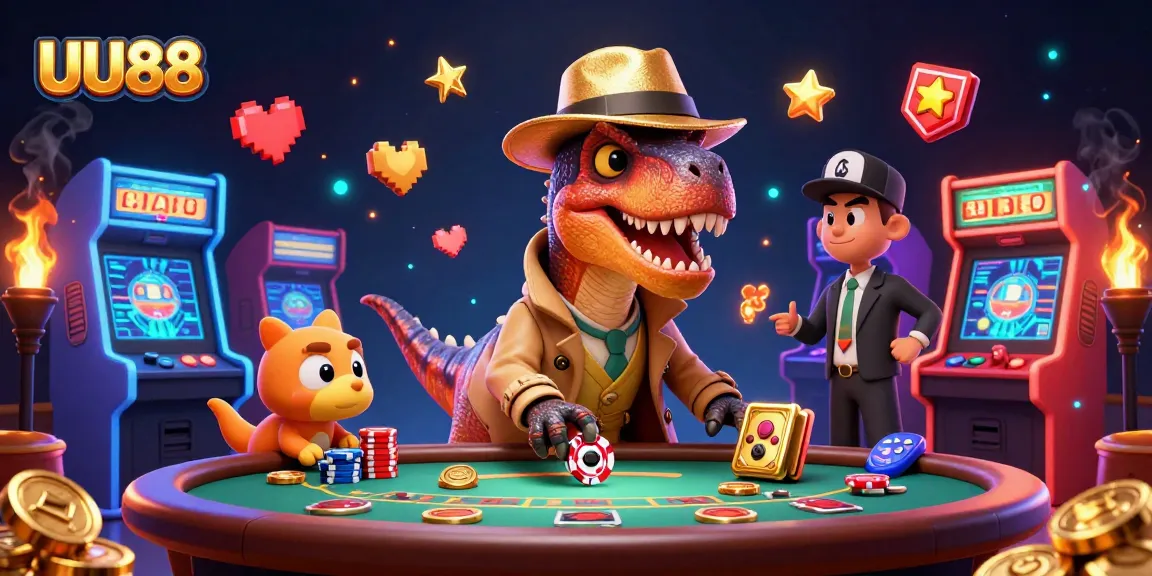 UU88 velociraptor card counter engaging in a thrilling casino blackjack scene with colorful game machines.