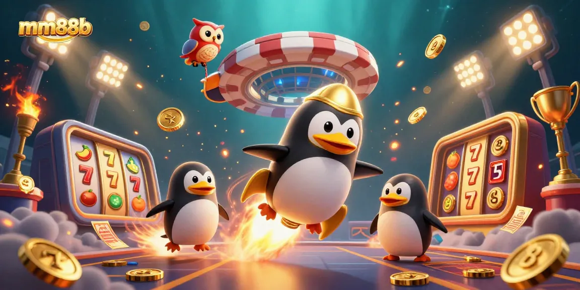 Experience mm88b slots with a golden penguin on an adventure to a vibrant casino!