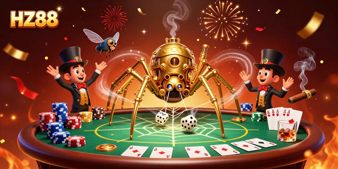 Experience HZ88's vibrant casino scene with a steampunk spider weaving golden webs of luck and fortune.