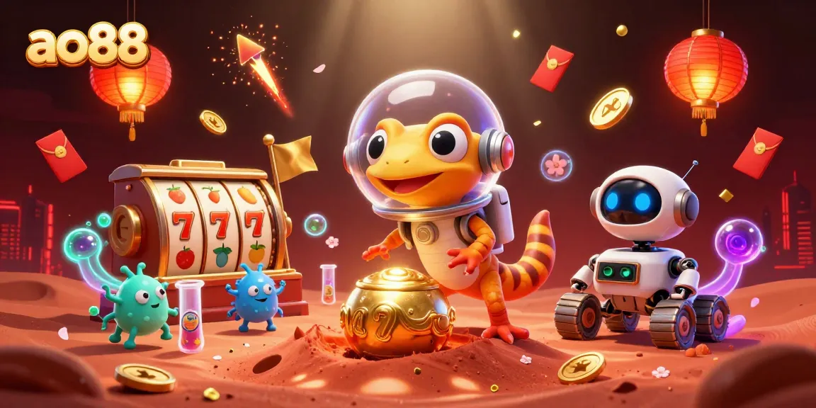 Experience the exciting world of ao88 with vibrant scenes of a Martian gecko discovering a golden casino!