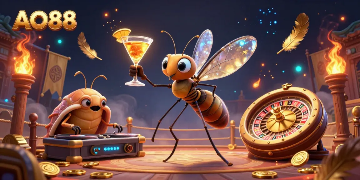 Experience the lively AO88 casino scene with a frozen mosquito mascot, trilobite DJ, and golden roulette wheel.