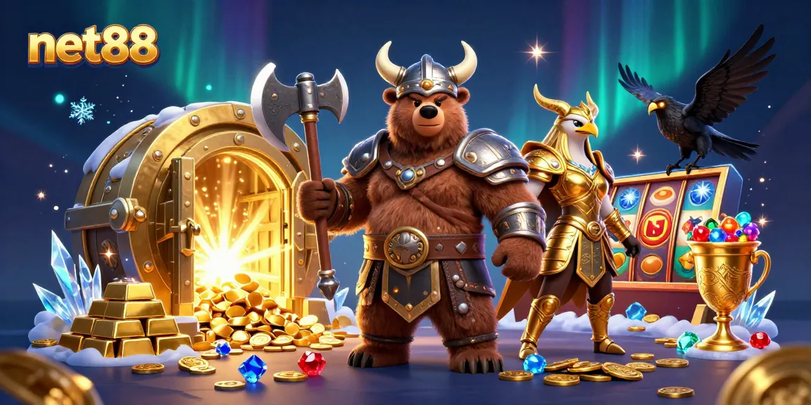 Experience exciting jackpots with net88 and vibrant 3D Viking and eagle designs amidst dazzling treasures.