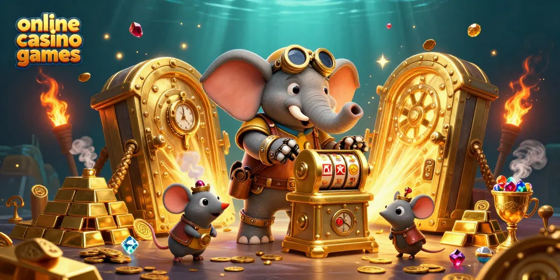 Engage with exciting online casino games in this vibrant 3D illustration featuring a steampunk elephant at a slot machine.