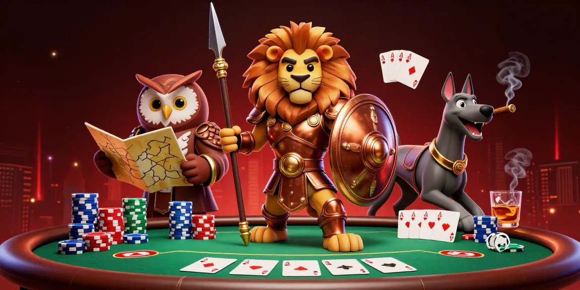 Engage in kèo nhà cái betting strategies with the Spartan lion, owl strategist, and greyhound at a poker table.