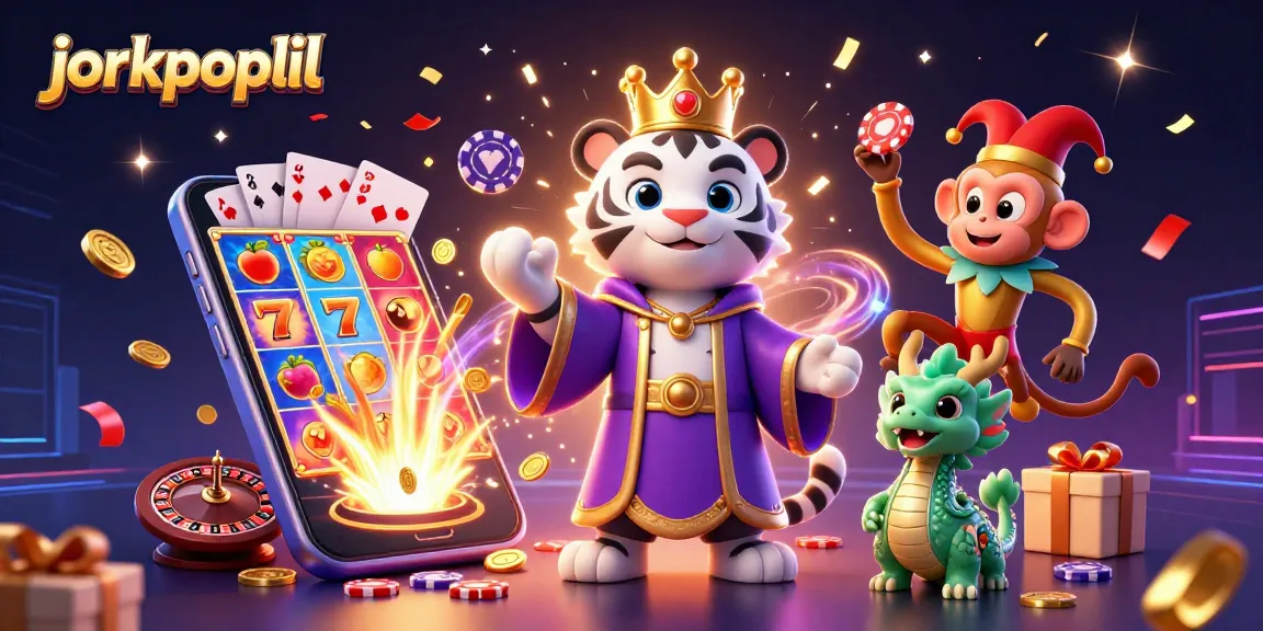 Engage with jorkpoplil in a vibrant 3D illustration of a royal tiger, jester monkey, and jade dragon amidst casino elements.